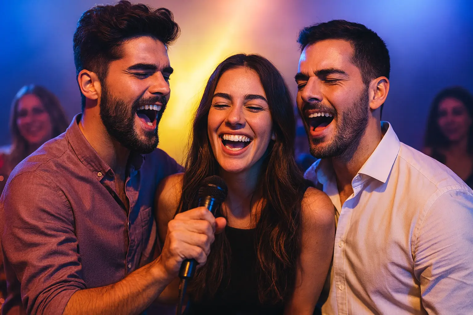 Karaoke performance with microphone and screen